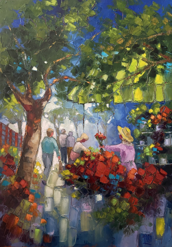 Roger FAGES - La fleuriste a la robe rose